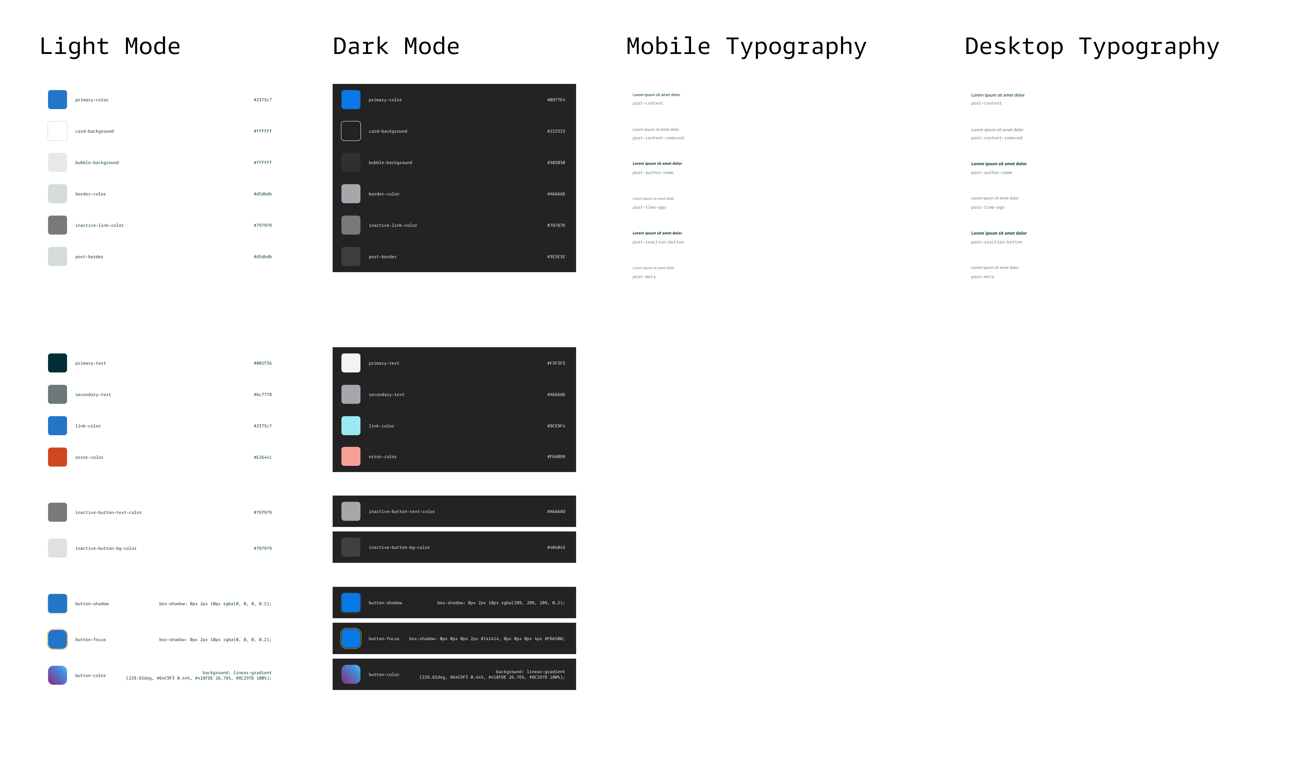 A developer handoff spec, outlining the different color & typography tokens we would use, and how they'd adapt across themes & screens.