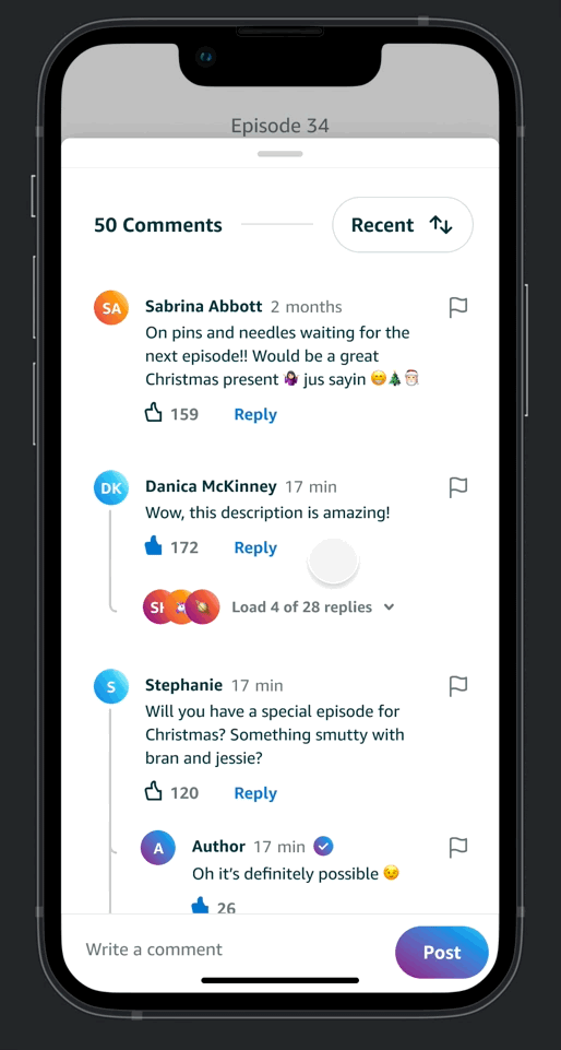 Using a sticky bottom card to support replies & new posts
