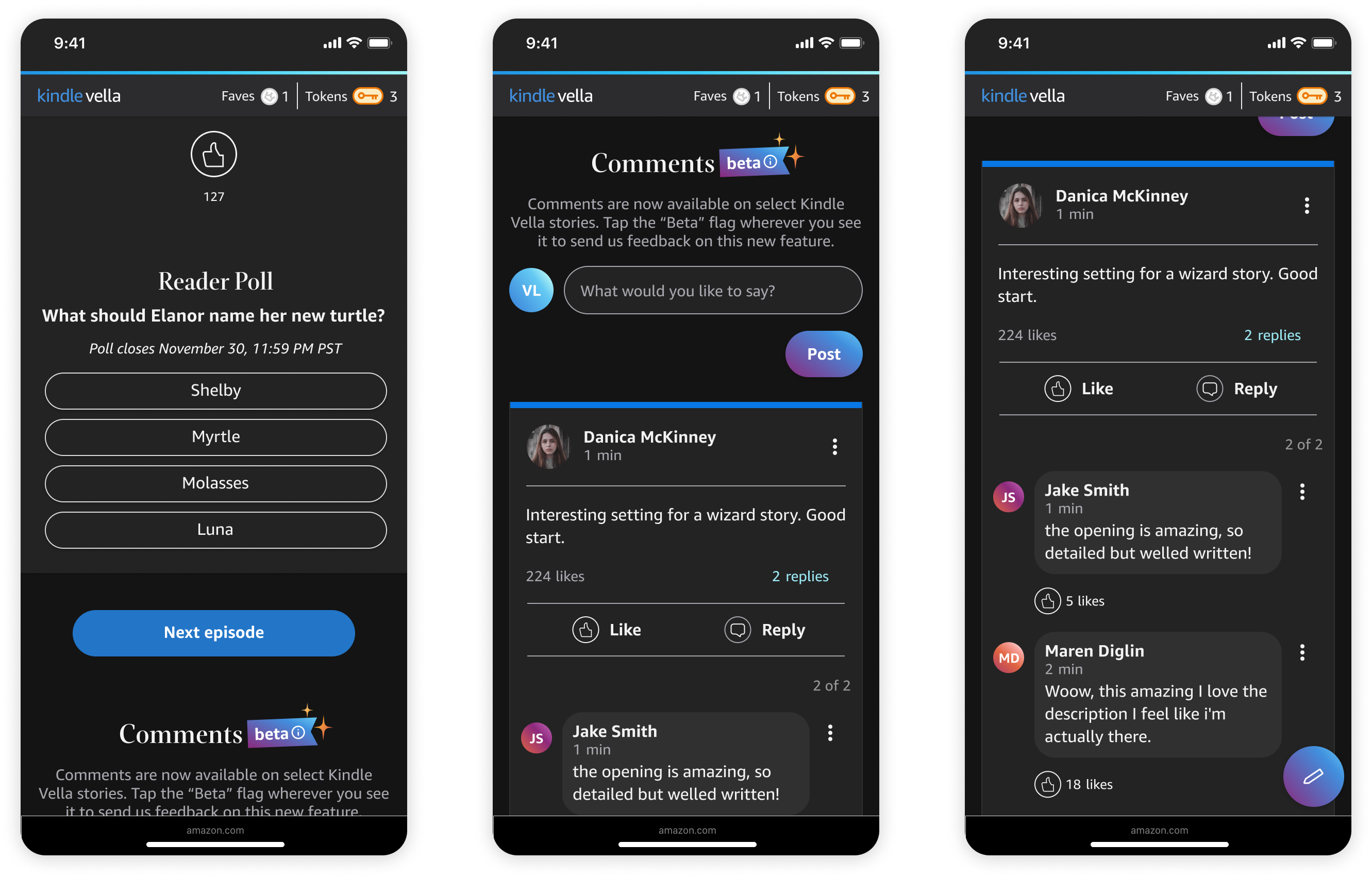 Dark mode designs for Kindle Vella comments